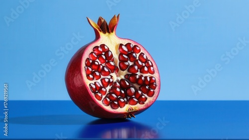 Bright, fresh style: a single, perfect pomegranate, sliced open to display vibrant red seeds on a reflective cobalt blue surface, ideal for food or wellness concepts.