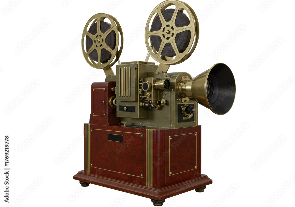Obraz premium Isolated old movie projector, antique film equipment, cinematic media, vintage machinery