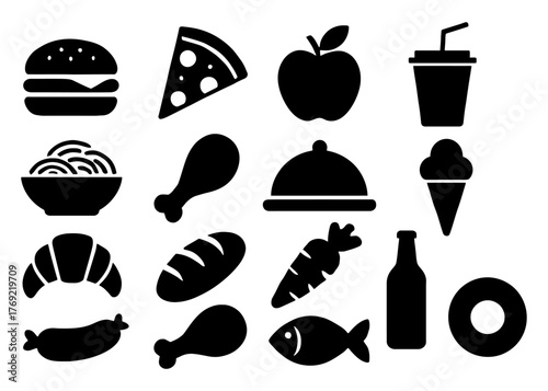 Black and white food icons: pizza, burger, ice cream, beverage, fish, chicken, bread, apple.