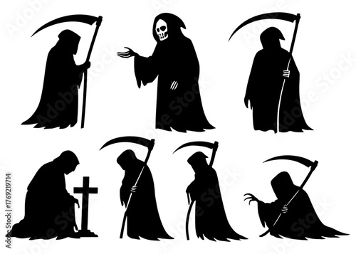 Silhouettes of grim reaper figures in various poses with scythes.