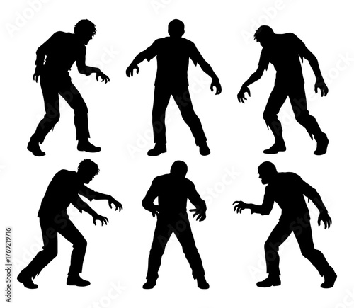 Silhouette of creepy zombies in various poses.