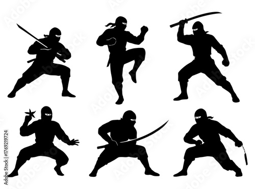Silhouettes of ninjas in dynamic combat poses with swords and stars.
