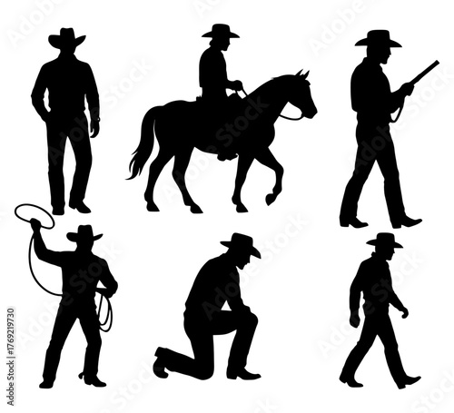Silhouettes of cowboys: iconic poses and actions in western theme.