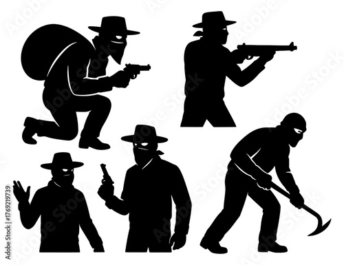 Silhouette characters: bandits and robbers with hats and weapons.
