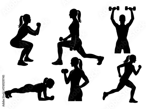 Female fitness silhouettes exercising with weights and performing cardio.