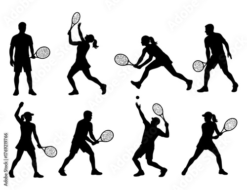 Silhouette tennis players in action poses with rackets.