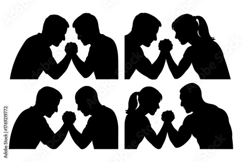 Silhouette arm wrestling matches: male and female contestants in tense standoff.