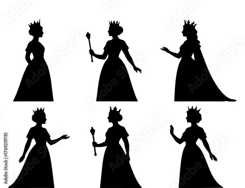 Silhouette of female queens in different poses with crowns.