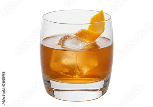 Isolated old fashioned cocktail with cube of ice and orange twist garnish on table