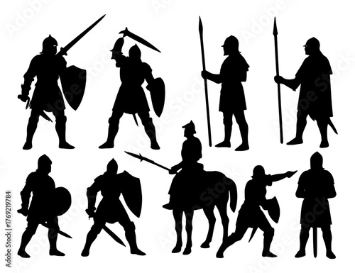 Silhouettes of medieval warriors with swords and shields.