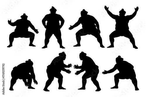 Silhouettes of male sumo wrestlers performing traditional poses.