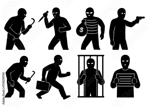 Silhouette illustrations of criminal activities and arrest scenarios.
