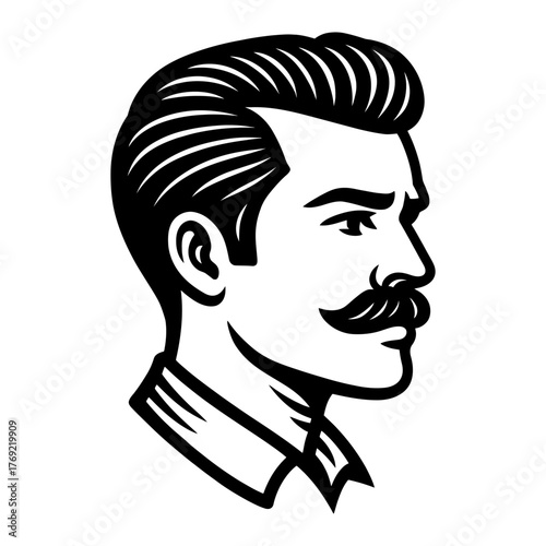 Retro male profile with mustache and slicked-back hair.