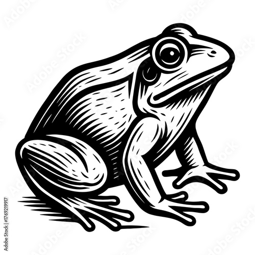 Intricate black and white frog illustration with detailed line art.