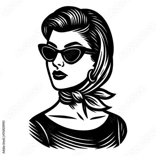 Retro style female portrait with sunglasses and scarf in black and white.