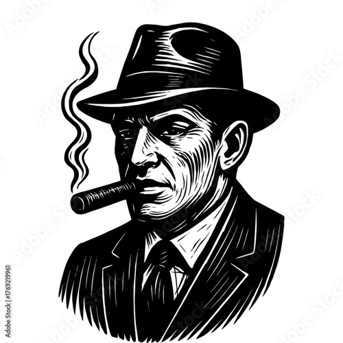 Vintage mafioso illustration of mature caucasian male with hat and cigar.