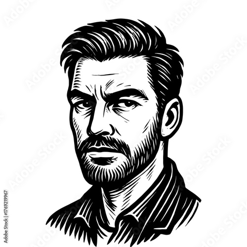 Ink art: mature caucasian male with beard in black and white illustration.