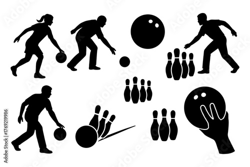 Silhouettes of people bowling: male and female, various actions and equipment.