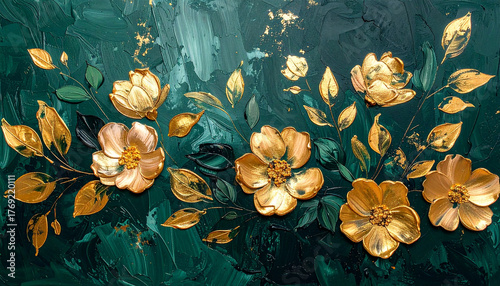 Abstract floral oil painting with blooming flowers and leaves in metallic gold, acrylic brushstrokes