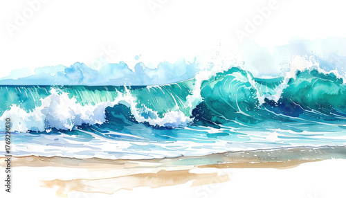 Watercolor wave crashes onto a sandy beach