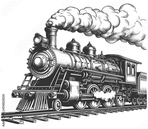 classic steam locomotive pulling passenger cars, with thick smoke rising above the engine sketch engraving generative ai vector illustration. Scratch board imitation. Black and white image.