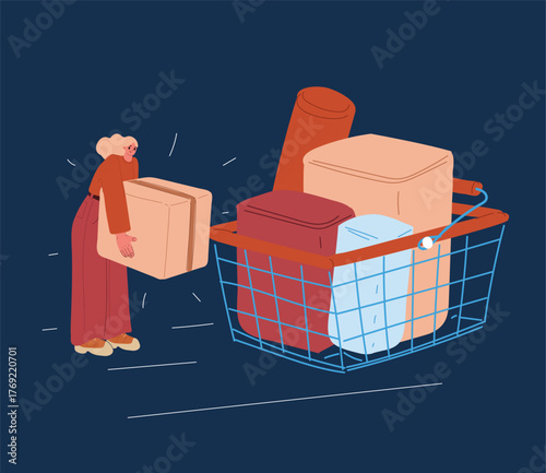 Cartoon vector illustration of a woman adding a box into a shopping basket full of goods, symbolizing planning as organizing priorities in daily life against dark background