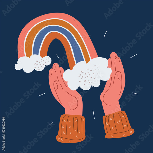 Cartoon vector illustration of a rainbow descending into a woman’s hands, symbolizing inspiration as capturing creativity and possibilities against dark background