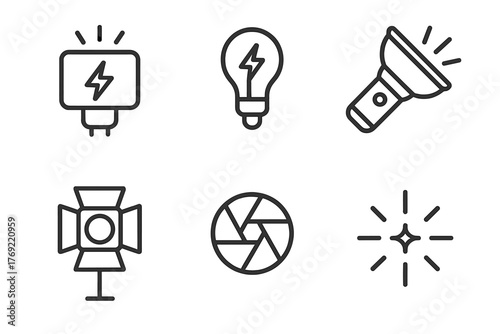 Icon set of lighting equipment and symbols - bulb flashlight lens