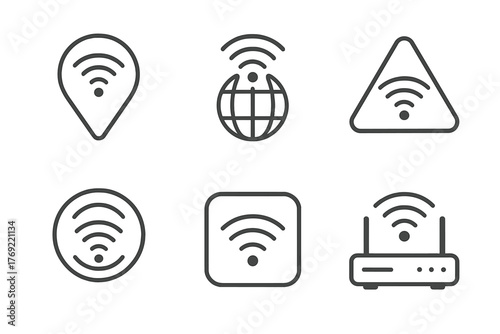 Wireless network symbols: antenna, signal, router, global connectivity icons