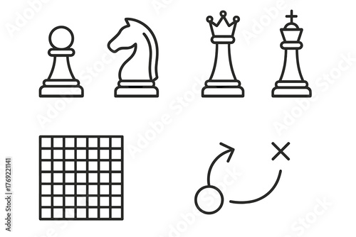 Chess icons and strategy diagram with pawns, knight, rook, queen, king
