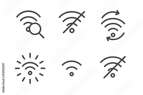 Wifi signal icons: magnifying glass, slash, arrows, radiating, normal, no connection