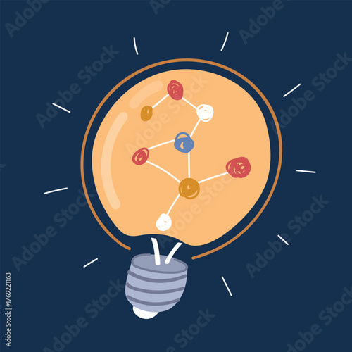 Cartoon vector illustration of a glowing light bulb containing a molecule, constellation, or connected dots, symbolizing innovation as linking concepts into new solutions against dark background
