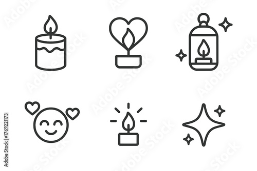 Minimalist candle and heart icons with lantern and star designs