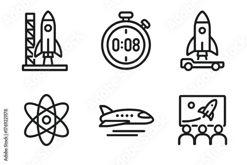Rocket launch preparation timer countdown and space education icons