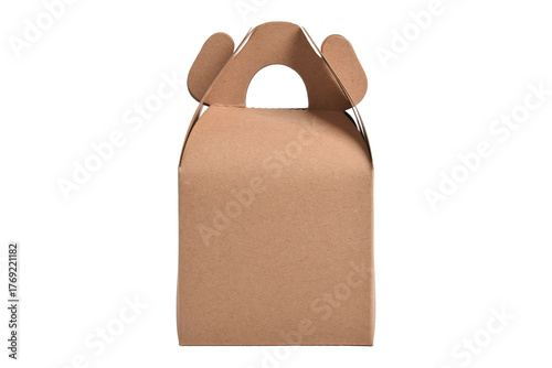 Brown kraft cardboard gift box with top handle, for takeout food products, isolated on a white background.