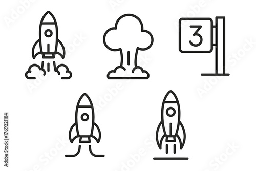 Rocket launch icons with countdown and explosion symbols in black outline