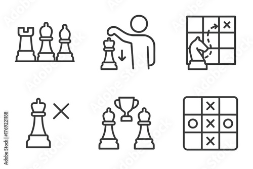 Chess and tic-tac-toe line icons set featuring strategy and board game elements
