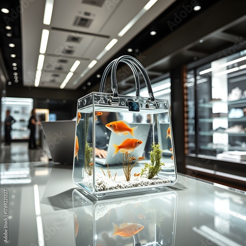 A clear purse filled with water and goldfish sits on a reflective surface in an office setting, with people and computers visible in the background.