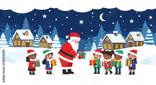 Jolly Santa Claus Distributing Festive Gifts to Happy Children in a Magical Snowy Christmas Village Scene at Night