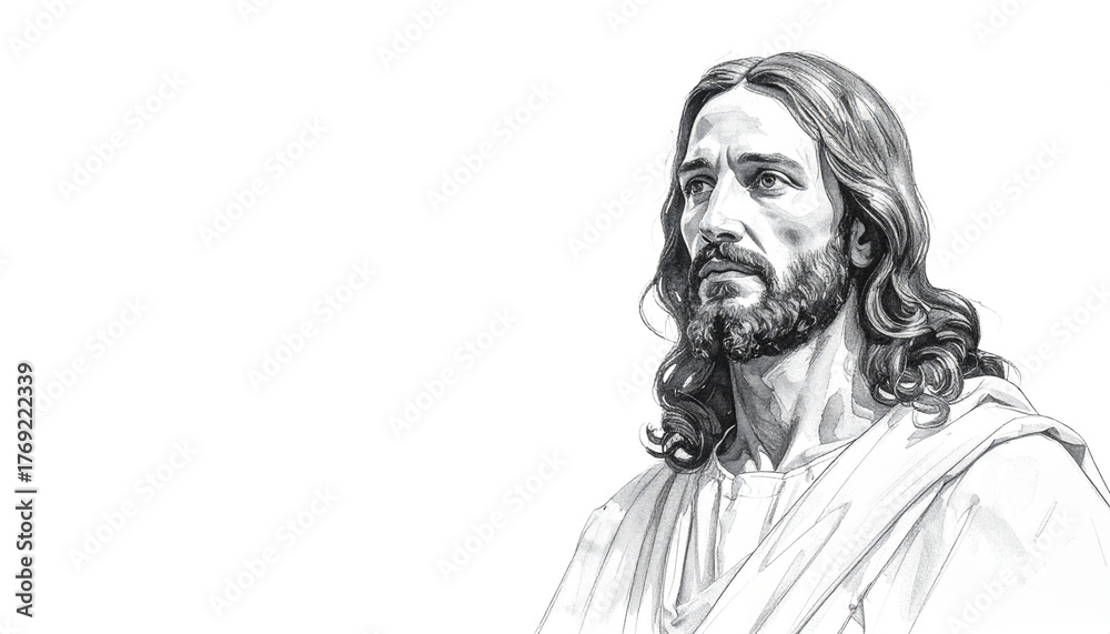 Fototapeta premium Sketch of Jesus Christ on white background with copy space