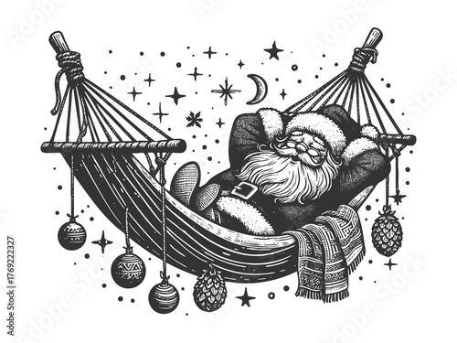 Santa Claus peacefully napping in a hammock, representing post-holiday rest and relaxation sketch engraving generative ai fictional character raster illustration. Scratch board. Black and white image.