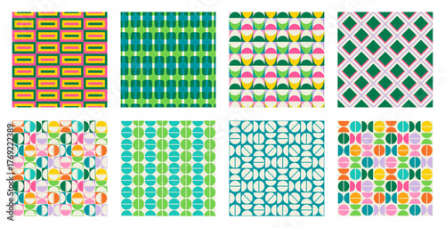 Set of Essential geometric printable seamless pattern with abstract Minimal elegant line form stroke shapes in vibrant colors. Modern simple background in minimalist mid century style vector wall art