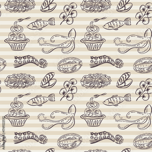 Whimsical hand drawn sea food seamless pattern in trendy whimsical style. Perfect  background for quirky italian wedding holiday, poster cards, dinner and bar menu, fabric, wrapping paper