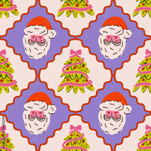 Seamless Christmas doodle pattern with cute hand drawn festive elements: trees, bows, food, and snow. Perfect for fabric, wallpaper, wrapping paper, and cozy winter holiday designs.