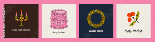 Set of cute Christmas posters in doodle style. Hand-drawn festive designs with trees, snowflakes, and ornaments. Perfect for holiday decoration, cards, invitations, and cozy winter gifts