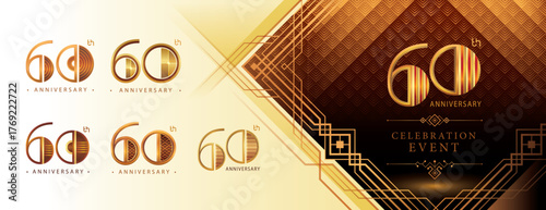 60th Anniversary logotype design, Sixty years Celebrating Anniversary Logo Set, Great Gatsby Anniversary Logo, Gatsby Art Deco Number 60, Golden Elegant Classic Logo for event, invitation, greeting