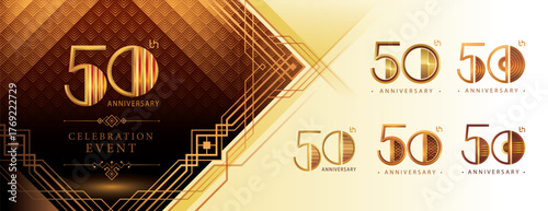 50th Anniversary logotype design, Fifty years Celebrating Anniversary Logo Set, Great Gatsby Anniversary Logo, Gatsby Art Deco Number 50, Golden Elegant Classic Logo for event, invitation, greeting