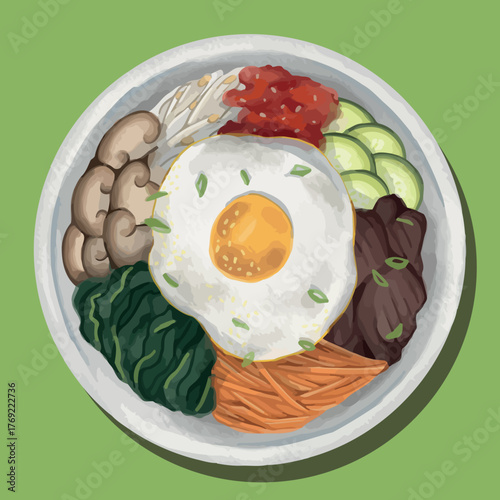 Watercolor illustration of Bibimbap, a traditional Korean rice bowl with colorful vegetables, egg, and meat. Hand-painted art, perfect for restaurant menus, food blogs, packaging, and culinary design.