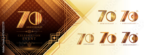 70th Anniversary logotype design, Seventy years Celebrating Anniversary Logo Set, Great Gatsby Anniversary Logo, Gatsby Art Deco Number 70, Golden Elegant Classic Logo for event, invitation, greeting