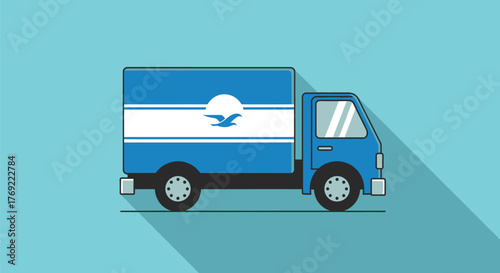 Blue delivery truck with a logo on the side, symbolizing transportation and logistics services.